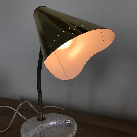 Brass Bullet Lamp with Ceramic Ashtray Base Vintage MCM Gooseneck Lamp - Picture 10 of 13